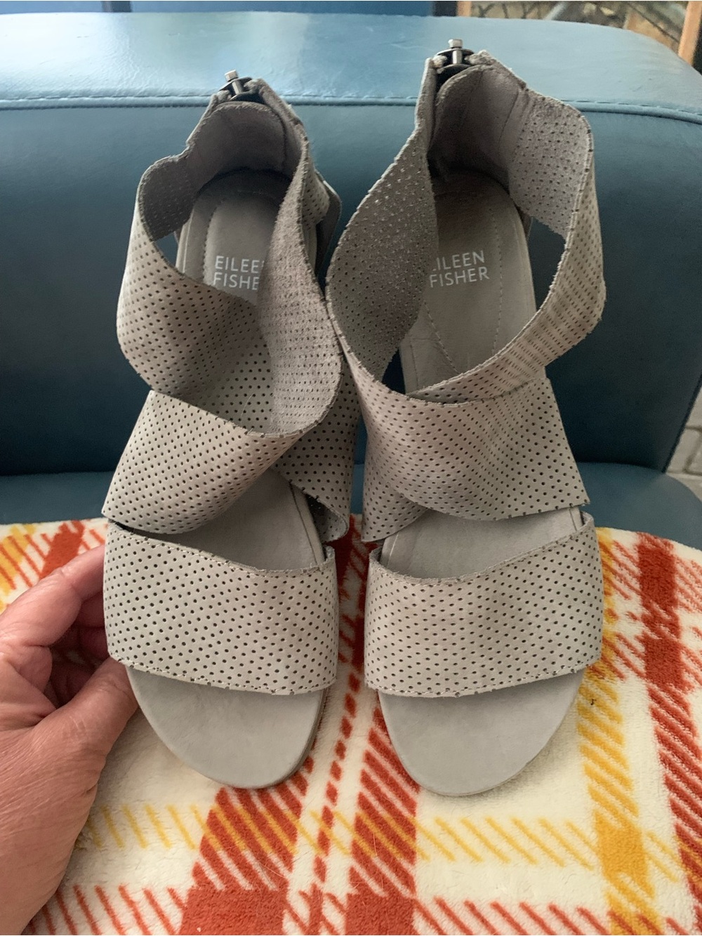 Eileen Fisher Sport Perforated Crisscross Wedge Sandals in Gray, 7.5 Medium